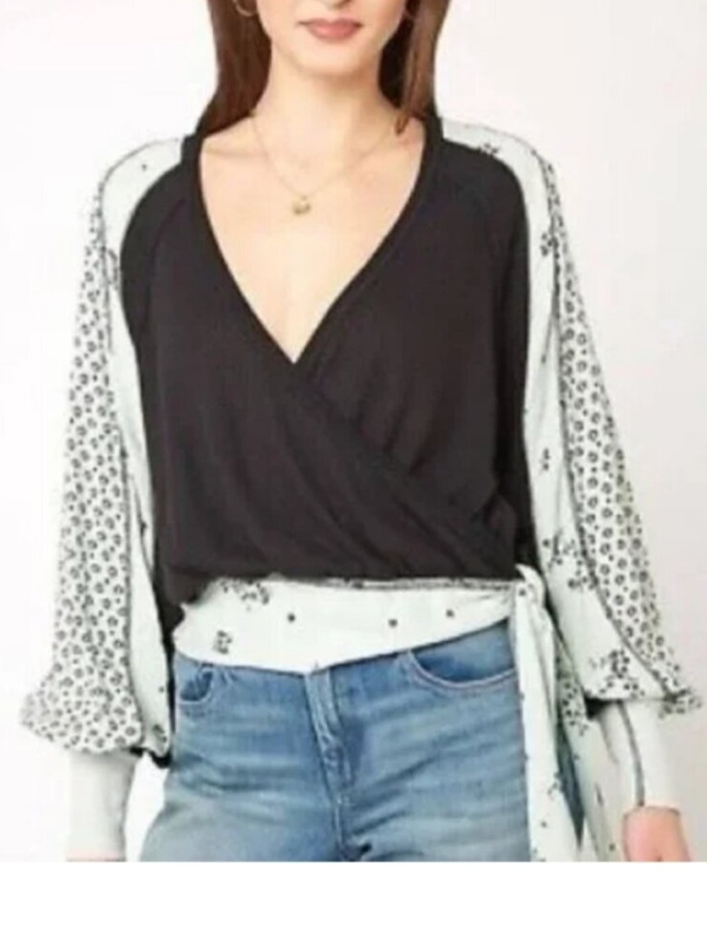 FREE PEOPLE Auxton Thermal Top Wrap Raglan Sleeves Side Tie Boho extreme V-Neck